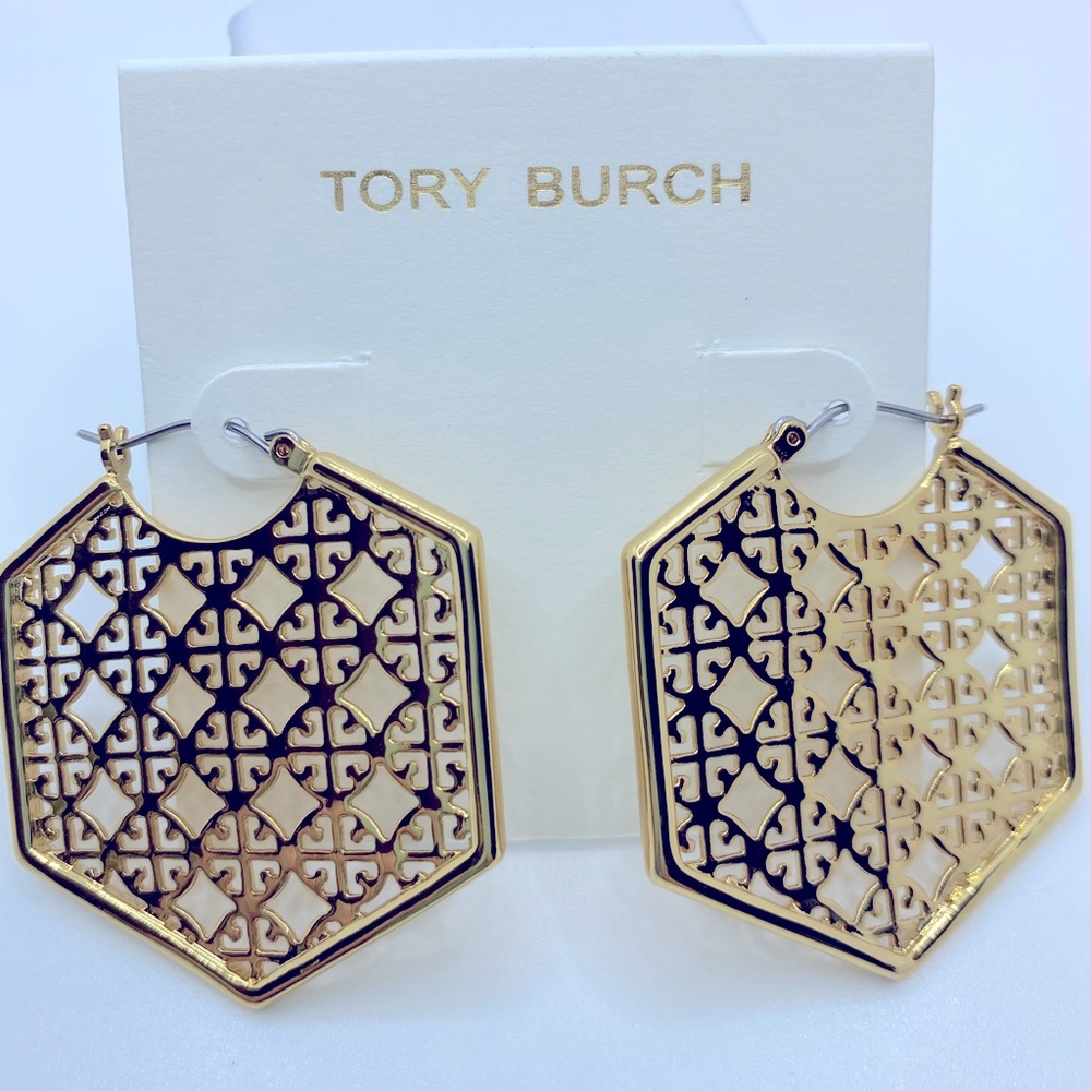 Tory Burch Gold Logo Multiple Logo Hoop Earings
